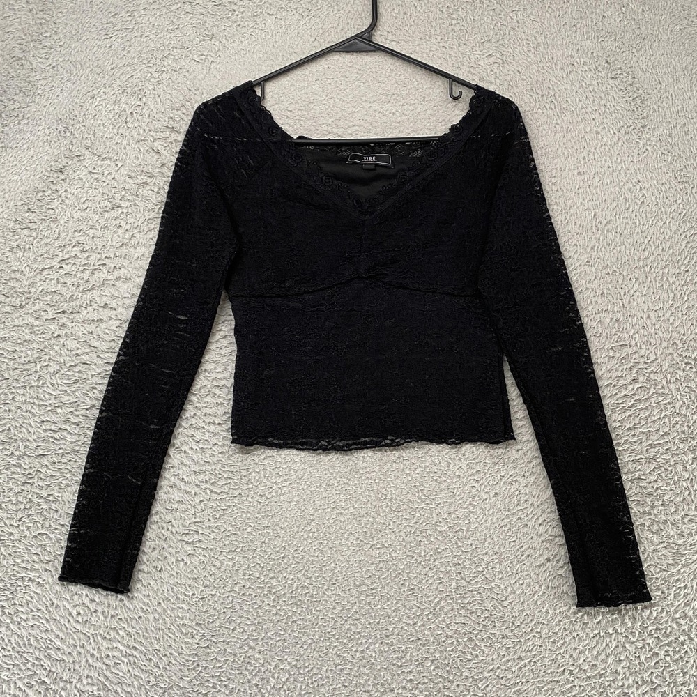 Vibe Y2K Lace Crop Top Womens Medium Babydoll Black Long Sleeve Whimsigoth